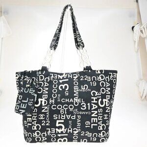 CHANEL Logo By Sea Shoulder Tote Bag Canvas Leather Black Made In Italy 73KB178